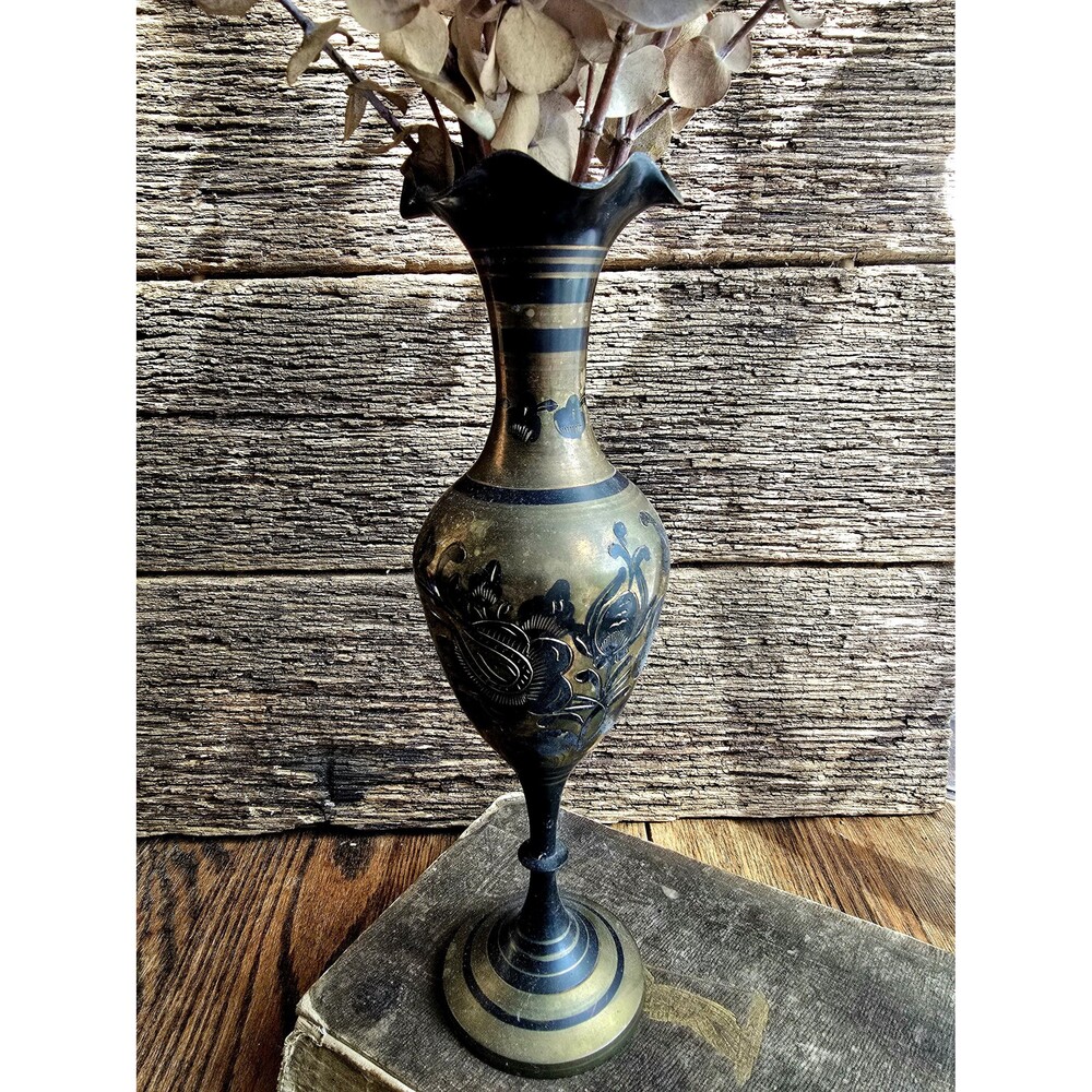 Vintage Etched Brass Vase with Black Enamel Floral Design – Made in India